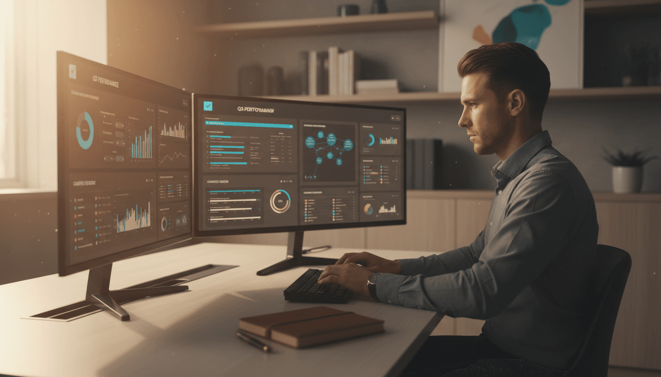 Professional working at desk with business software and analytics displayed on monitors