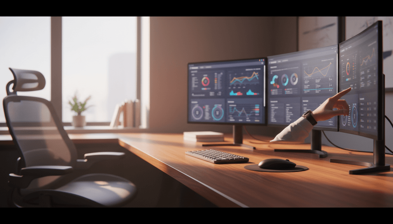 Business professional reviewing operational dashboards and business software at a modern workspace